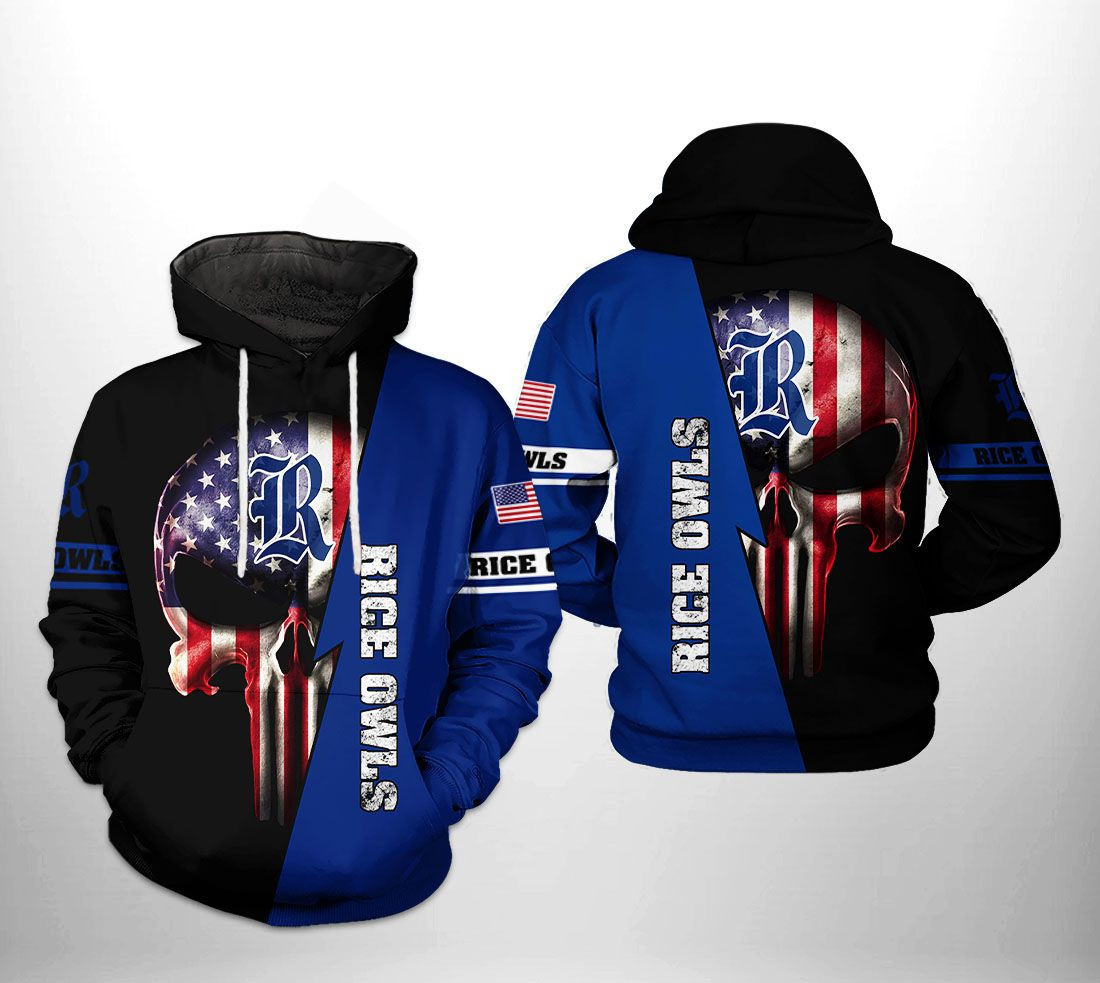 Rice Owls NCAA US Flag Skull Hoodie  Zip Hoodie