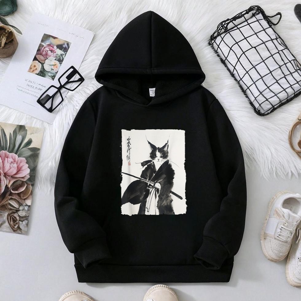 Samurai Cat Vintage Ukiyoe Warrior Art Graphic Cat Art Hoodie