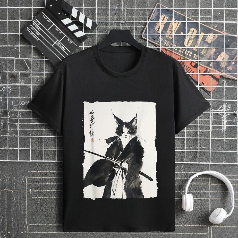 Samurai Cat Vintage Ukiyoe Warrior Art Graphic Cat Art T-Shirt