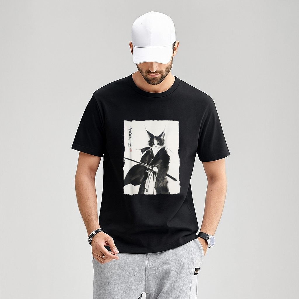 Samurai Cat Vintage Ukiyoe Warrior Art Graphic Cat Art T-Shirt
