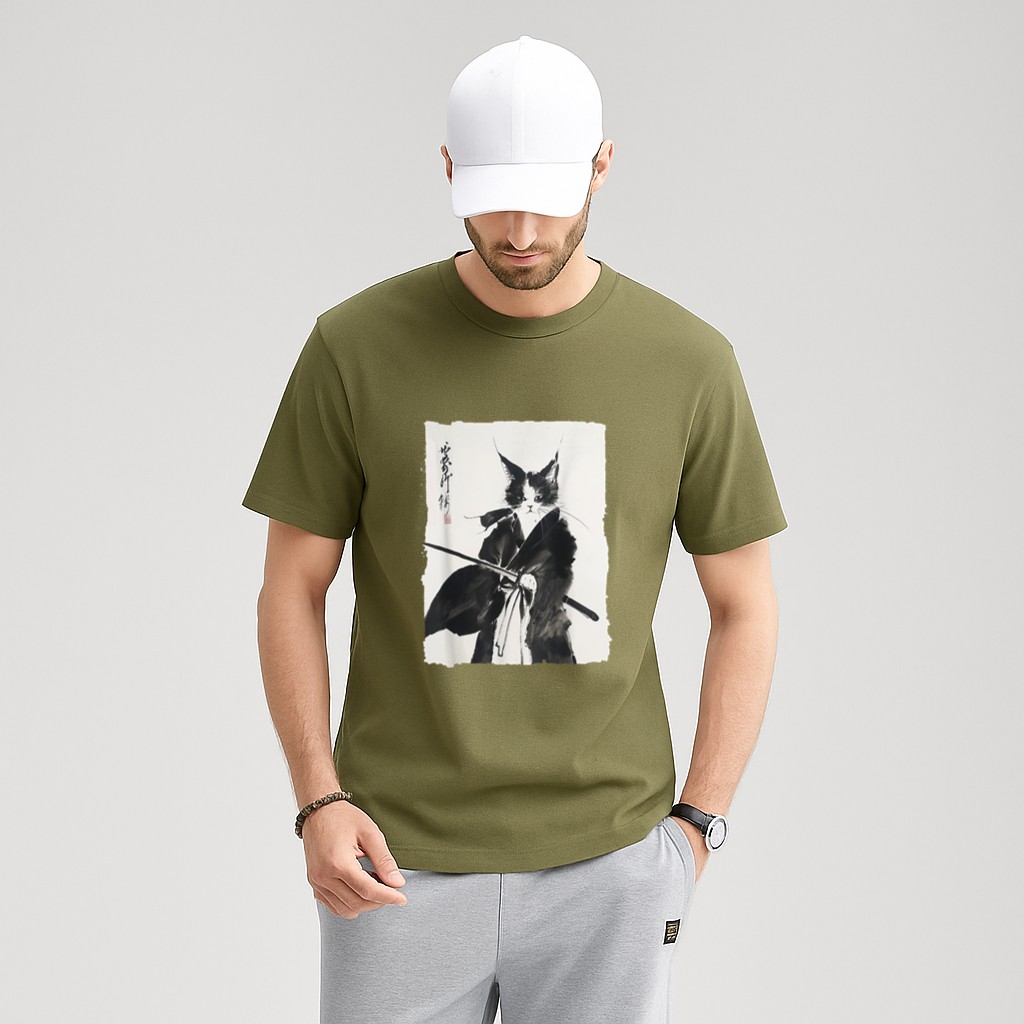 Samurai Cat Vintage Ukiyoe Warrior Art Graphic Cat Art T-Shirt