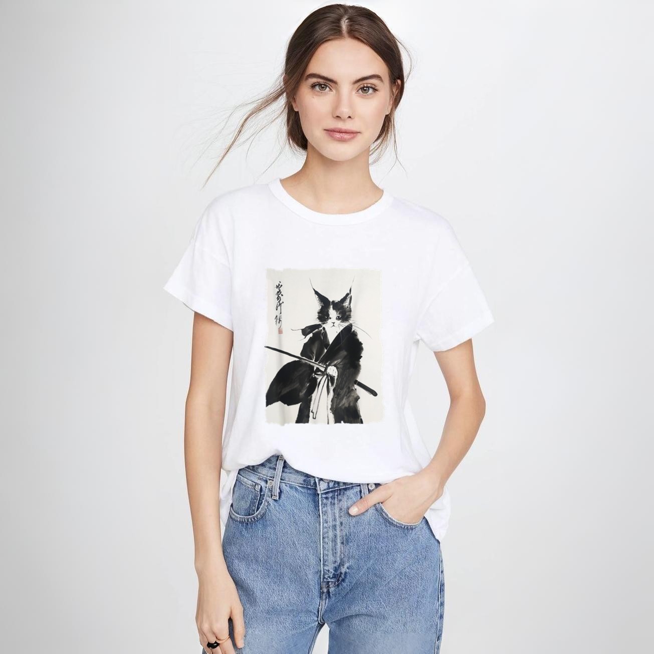 Samurai Cat Vintage Ukiyoe Warrior Art Graphic Cat Art T-Shirt