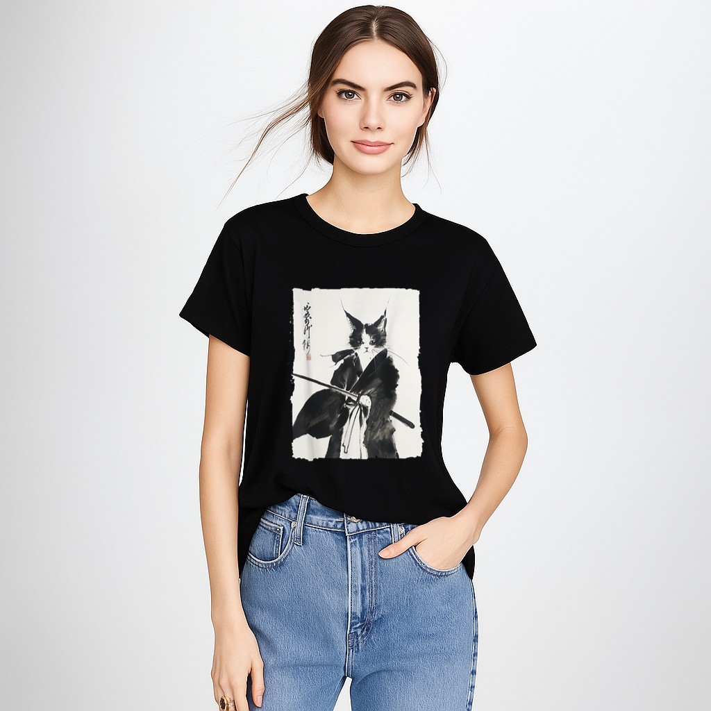 Samurai Cat Vintage Ukiyoe Warrior Art Graphic Cat Art T-Shirt