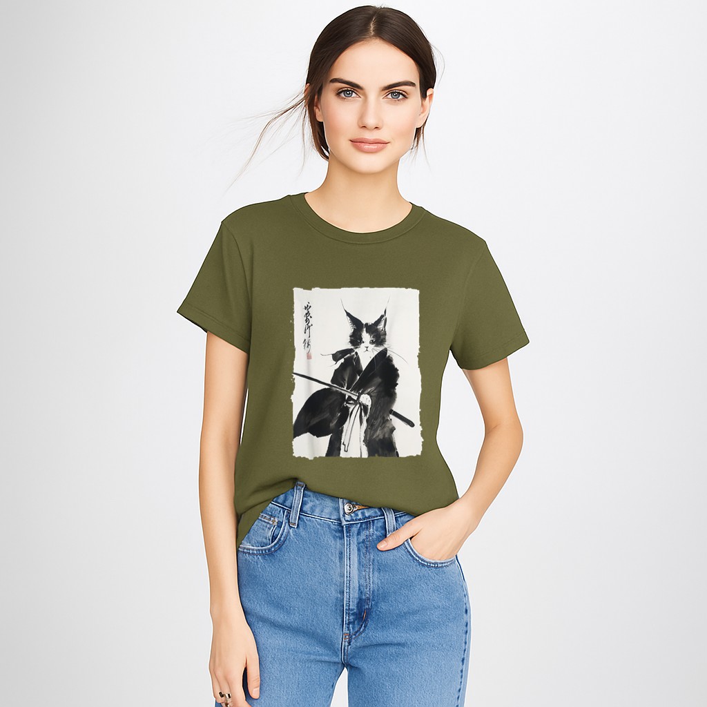 Samurai Cat Vintage Ukiyoe Warrior Art Graphic Cat Art T-Shirt