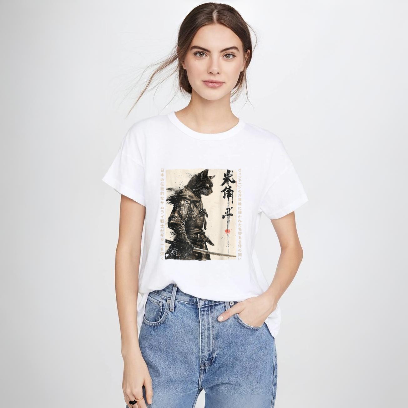 Samurai Cat Warrior Ukiyo Ink Artwork Cat Samurai T-Shirt