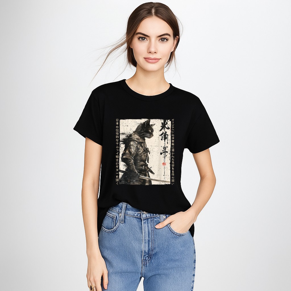 Samurai Cat Warrior Ukiyo Ink Artwork Cat Samurai T-Shirt