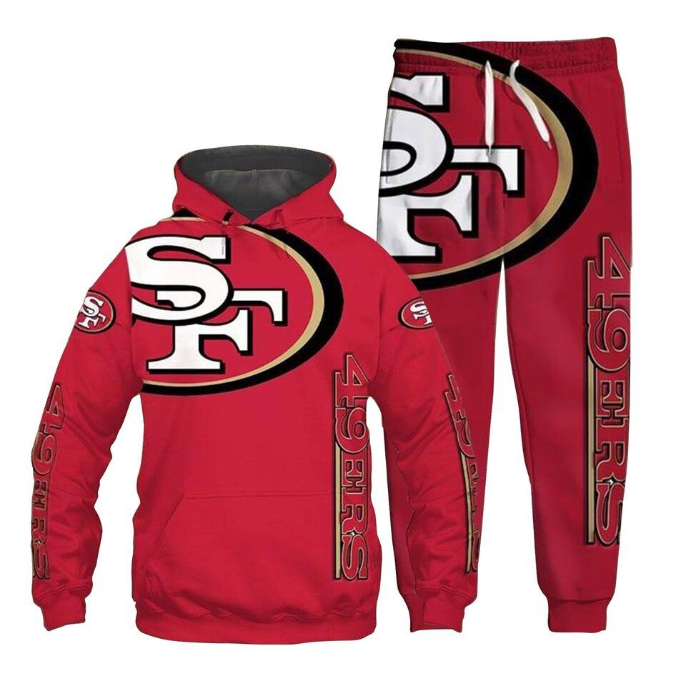 San Francisco 49ers NFL logo art red limited edition set 3D Unisex Hoodie Sweatpants, Hoodie and jogger set, NFL Hoodie and sweatpants set Gift For Sport Music Fans