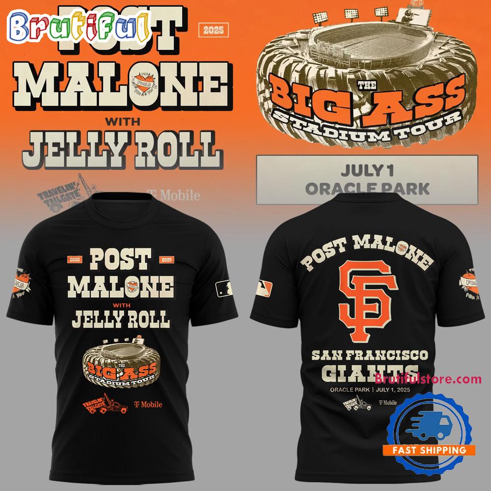 San Francisco Giants MLB 2025 x Post Malone Big Ass Stadium Tour 2025 Black T Shirt Gift For Sport Music Fans