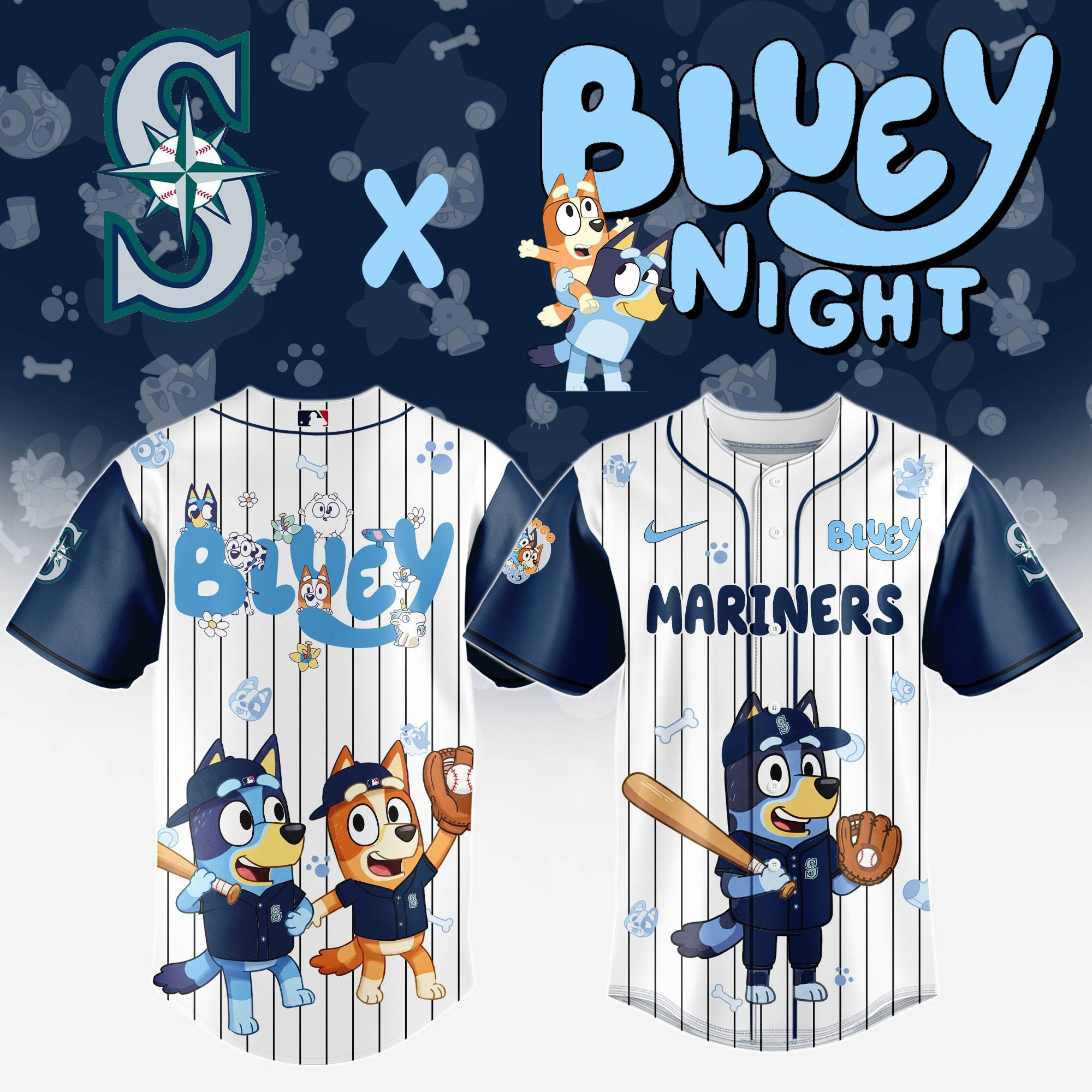 Seattle Mariners MLB x Bluey Night Jersey Cute Best Gifts For Seattle Mariners Fans