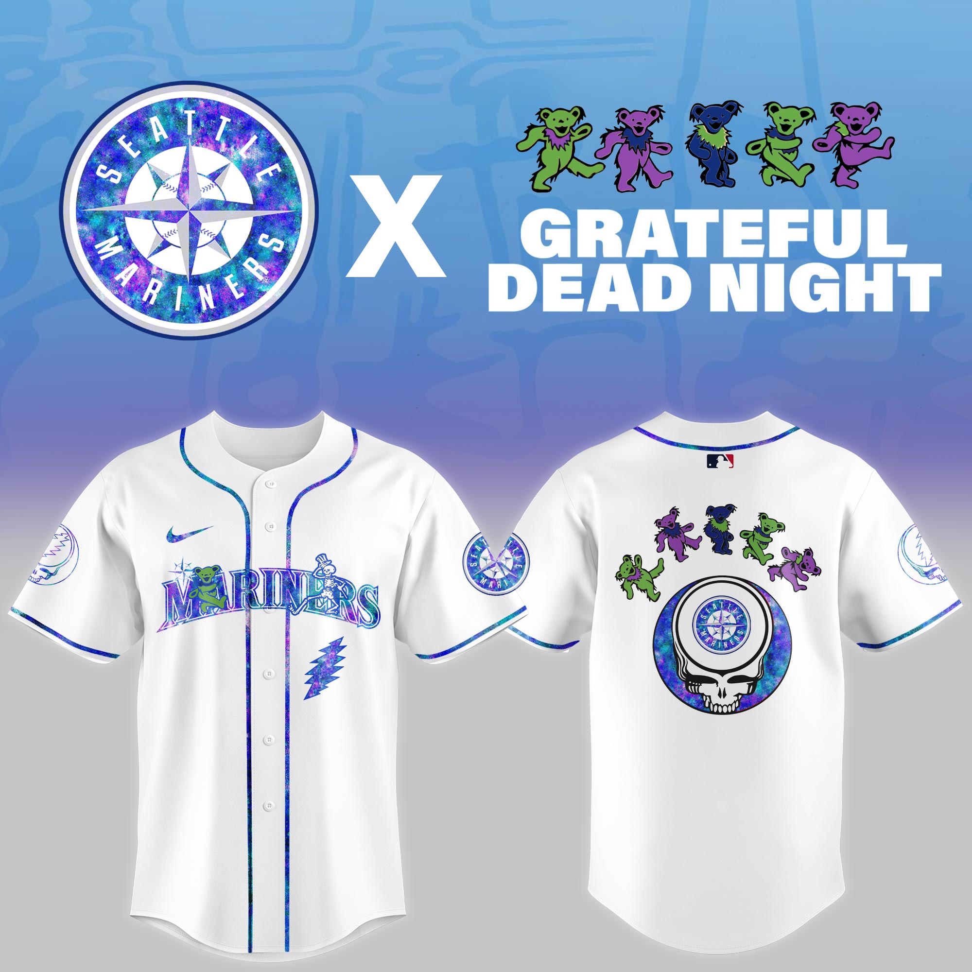 Seattle Mariners MLB x Grateful Dead Theme Night Personalized Baseball Jersey For Fans