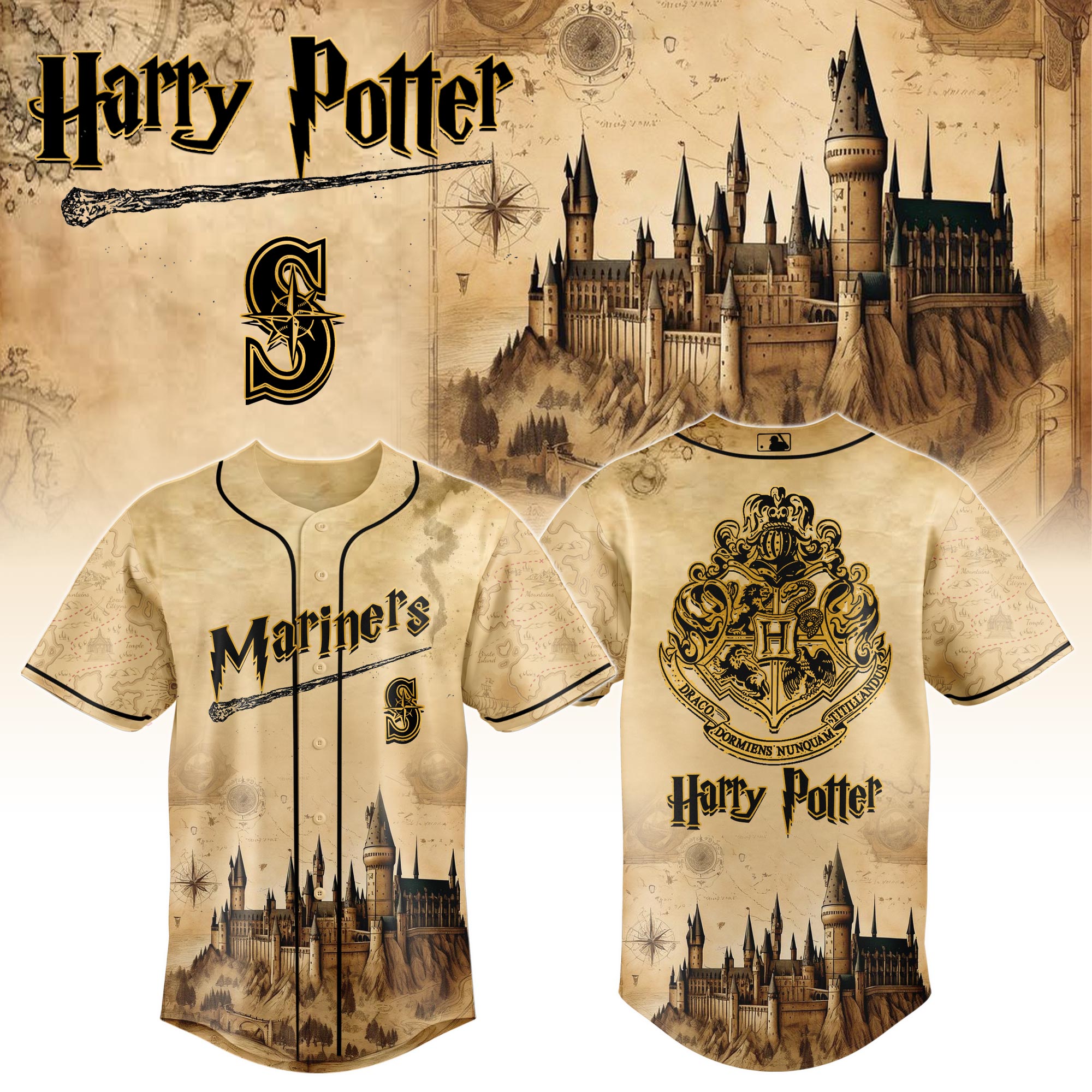 Seattle Mariners MLB x Harry Potter Hogwarts Personalized Baseball Jersey For Fan