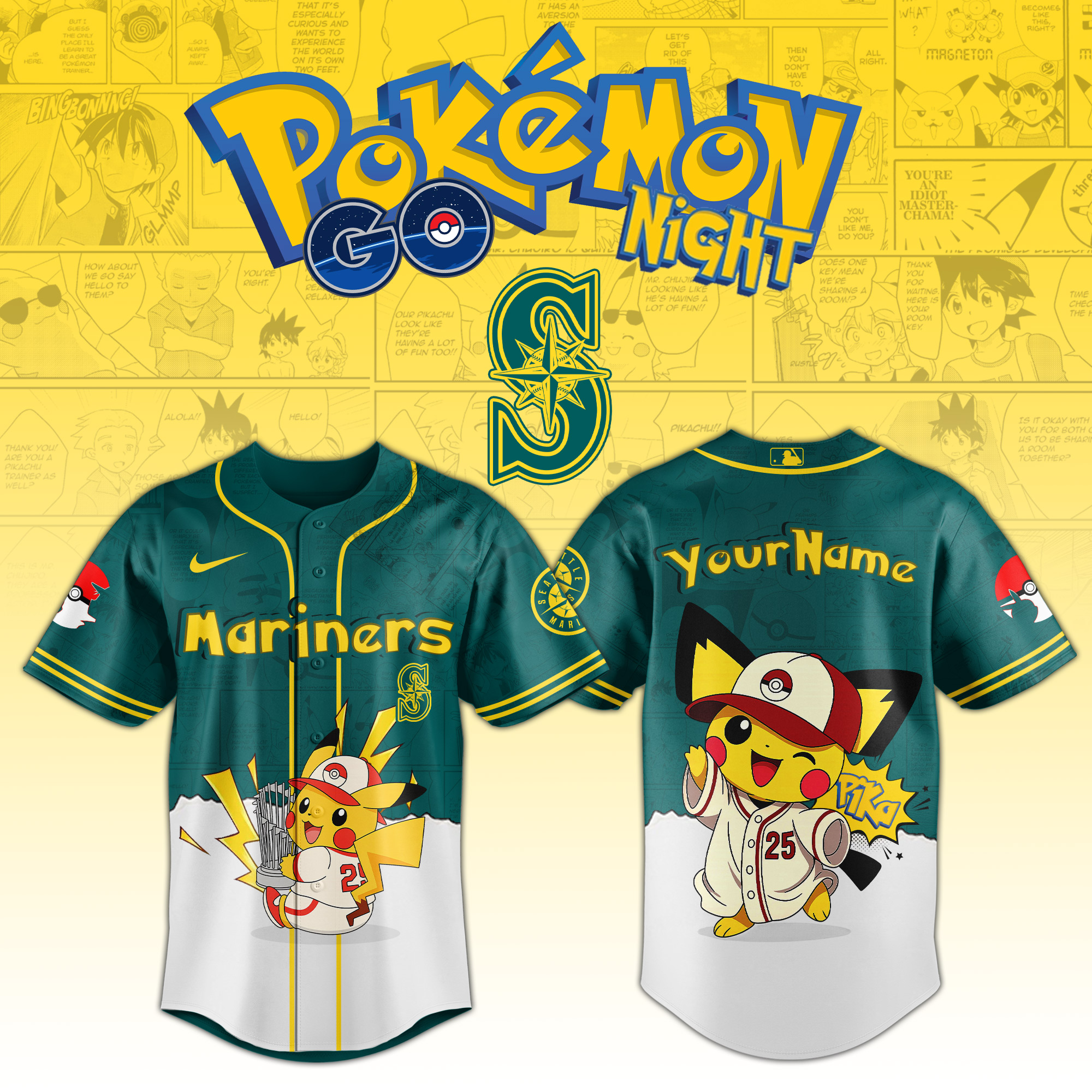 Seattle Mariners MLB x PokÃ©mon GO Night Personalized Baseball Jersey For Fans