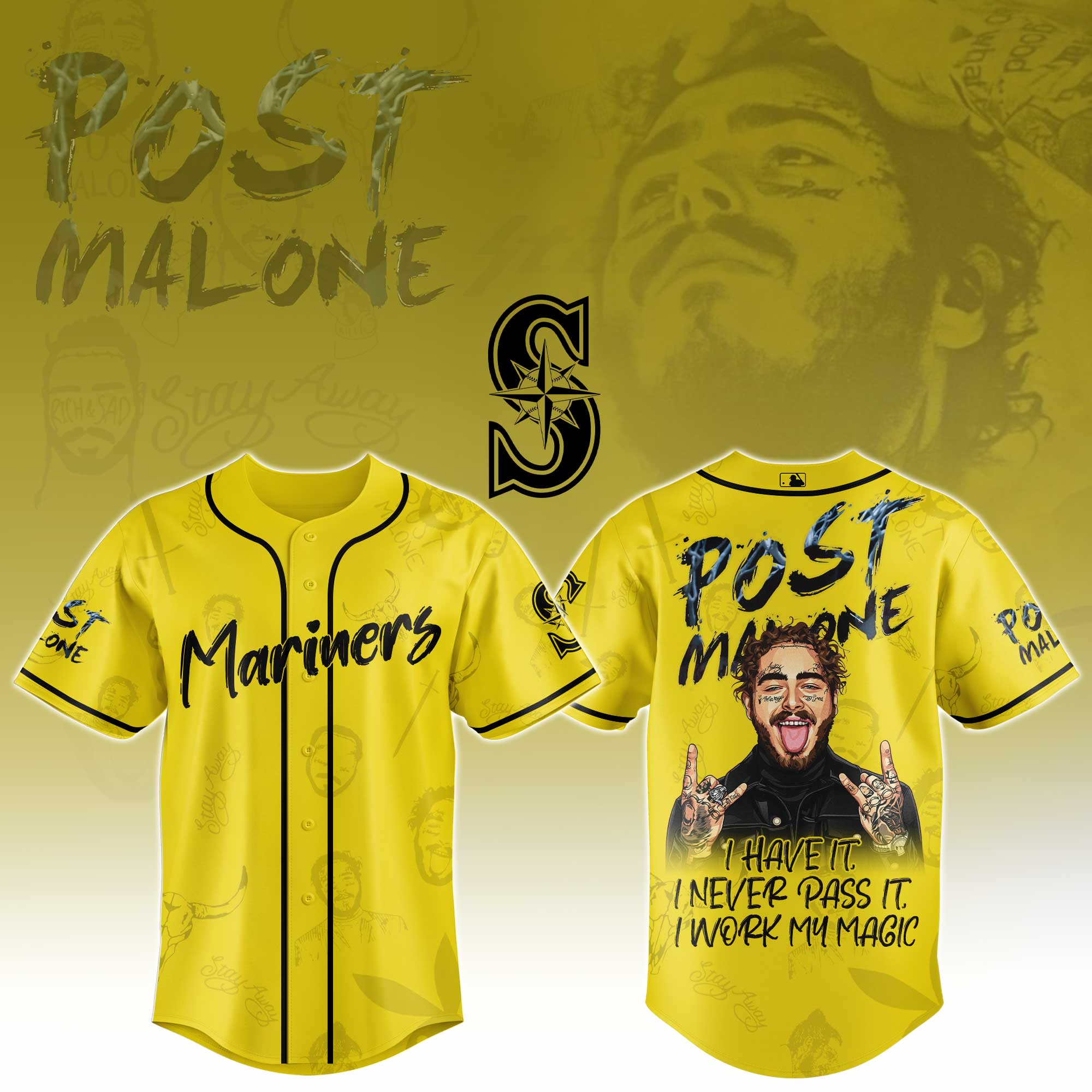 Seattle Mariners MLB x Post Malone Tour Personalized Baseball Jersey For Fans