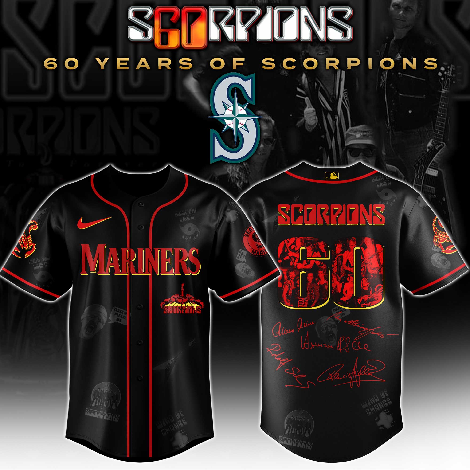 Seattle Mariners MLB x Scorpions 60th Anniversary Tour Personalized Baseball Jersey For Fans