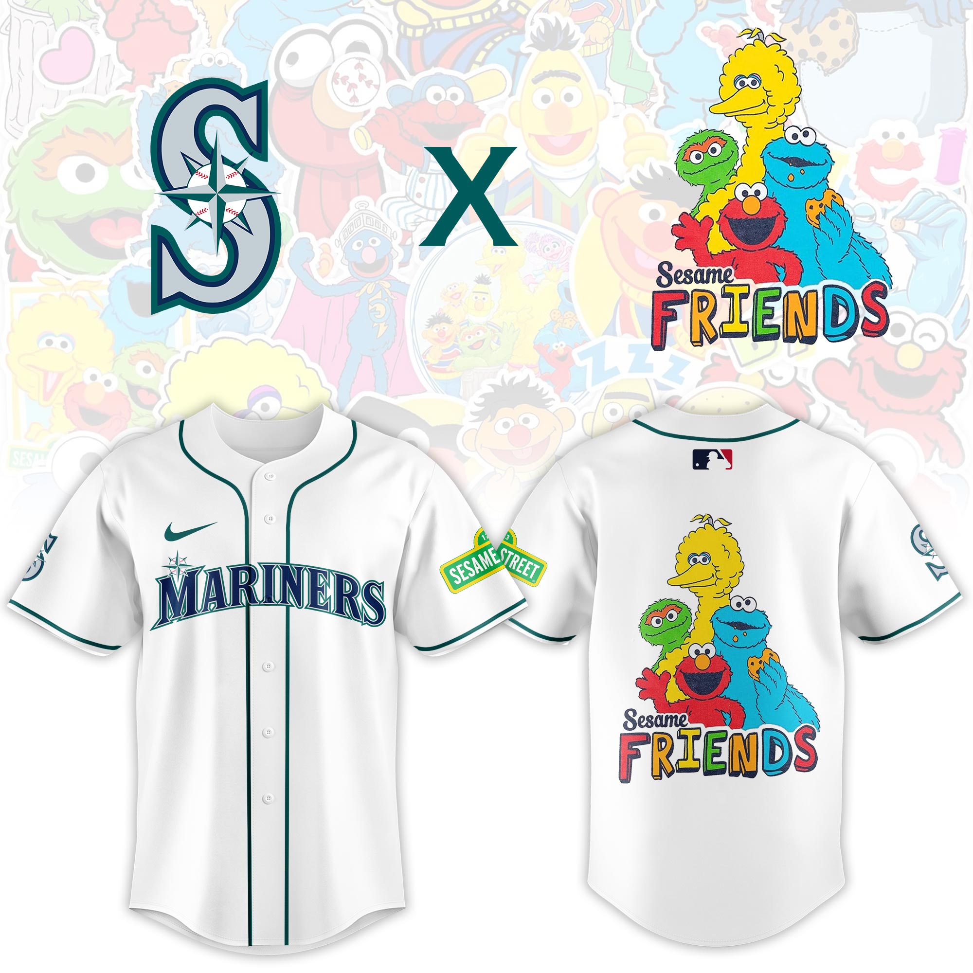 Seattle Mariners MLB x Sesame Street Night Personalized Baseball Jersey For Fans