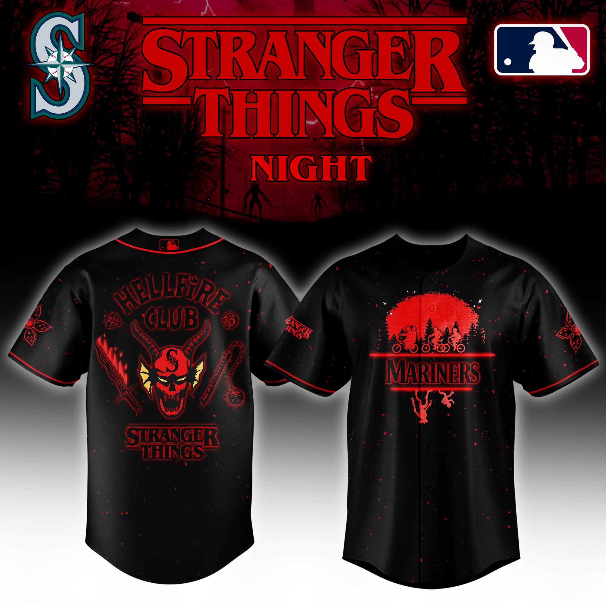 Seattle Mariners MLB x Stranger Things Night Personalized Baseball Jersey For Fans