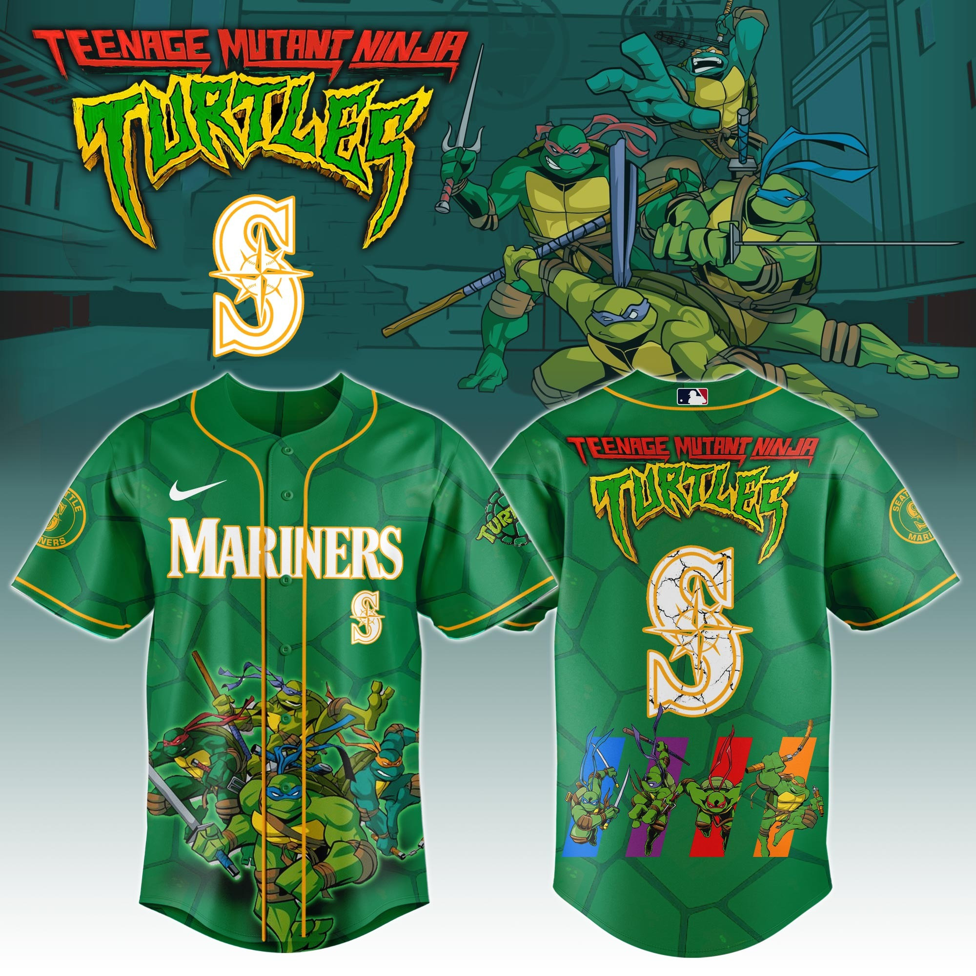 Seattle Mariners X Ninja Turtles Night Game Jersey MLB Baseball Ninja Turtles Fan Merch
