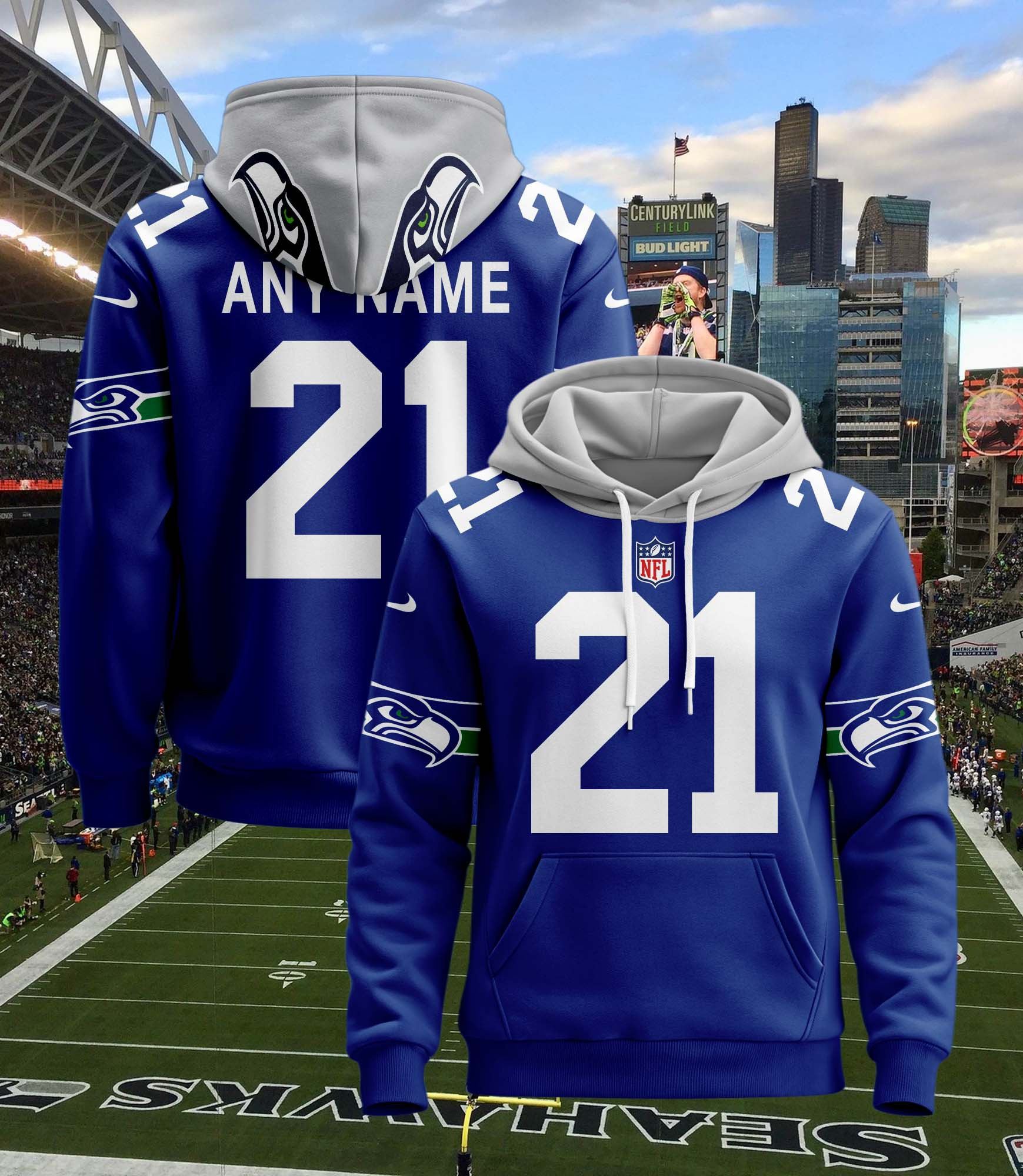 Seattle Seahawks Personalized Name And Number NFL 3D Hoodie Style 34 Gift For Sport Music Fans