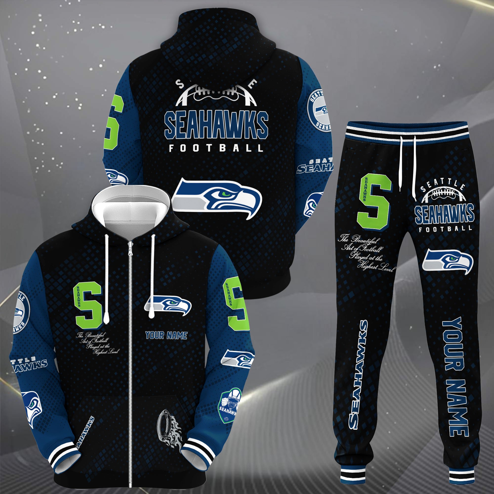 Seattle Seahawks Zip Up Hoodie Joggers Set Custom Your name, Sport Zip Up Hoodie Joggers Set, Sport Gifts For Fan Gift For Sport Music Fans