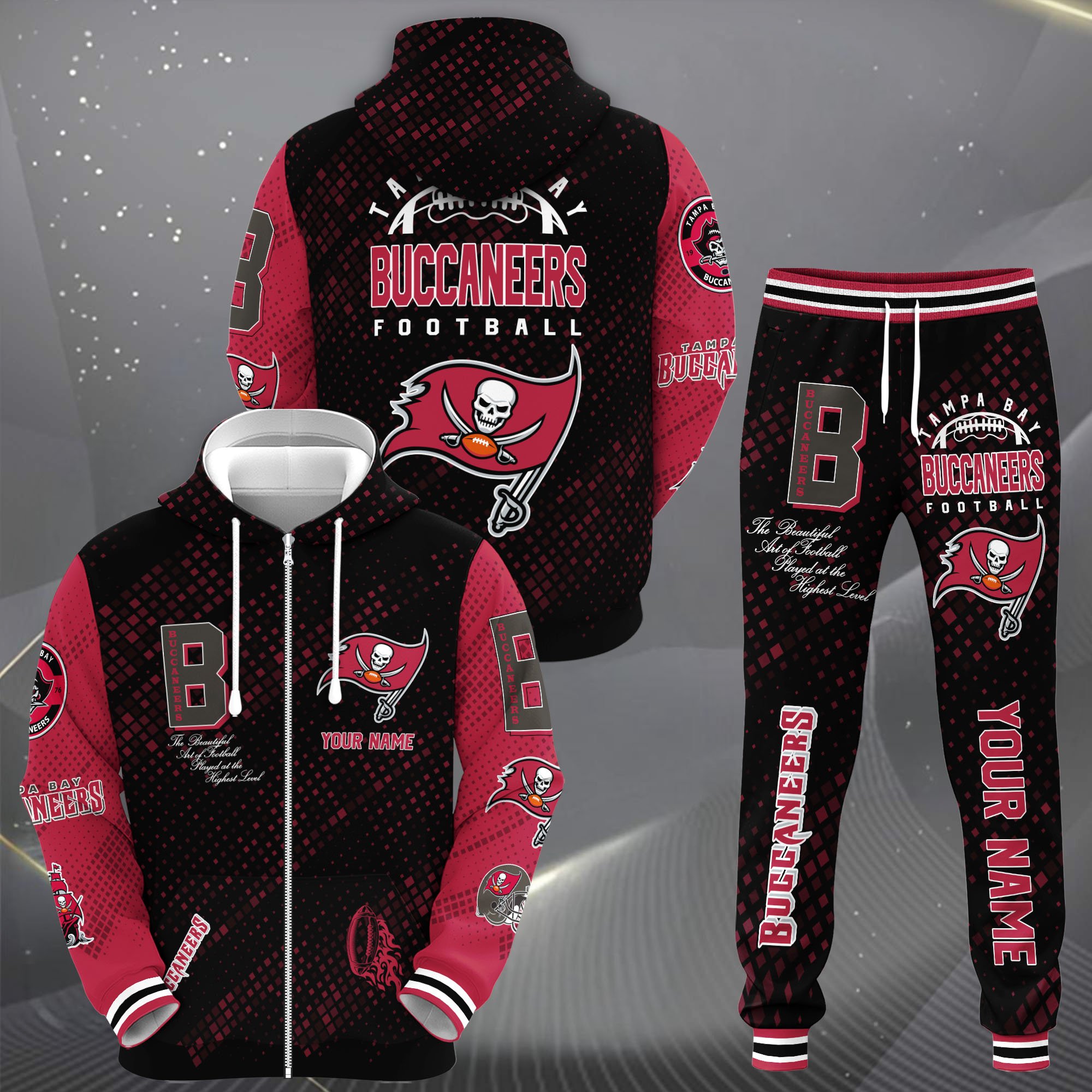 Tampa Bay Buccaneers Zip Up Hoodie Joggers Set Custom Your name, Sport Zip Up Hoodie Joggers Set, Sport Gifts For Fan Gift For Sport Music Fans