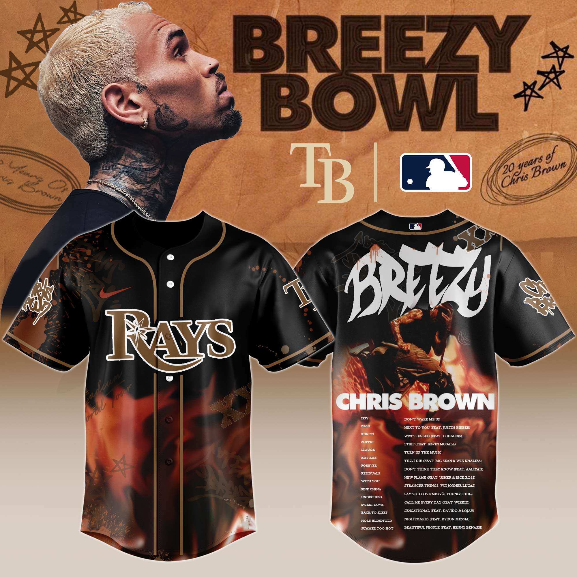 Tampa Bay Rays MLB x Chris Brown Breezy Bowl XX Stadium World Tour Personalized Baseball Jersey For Fans