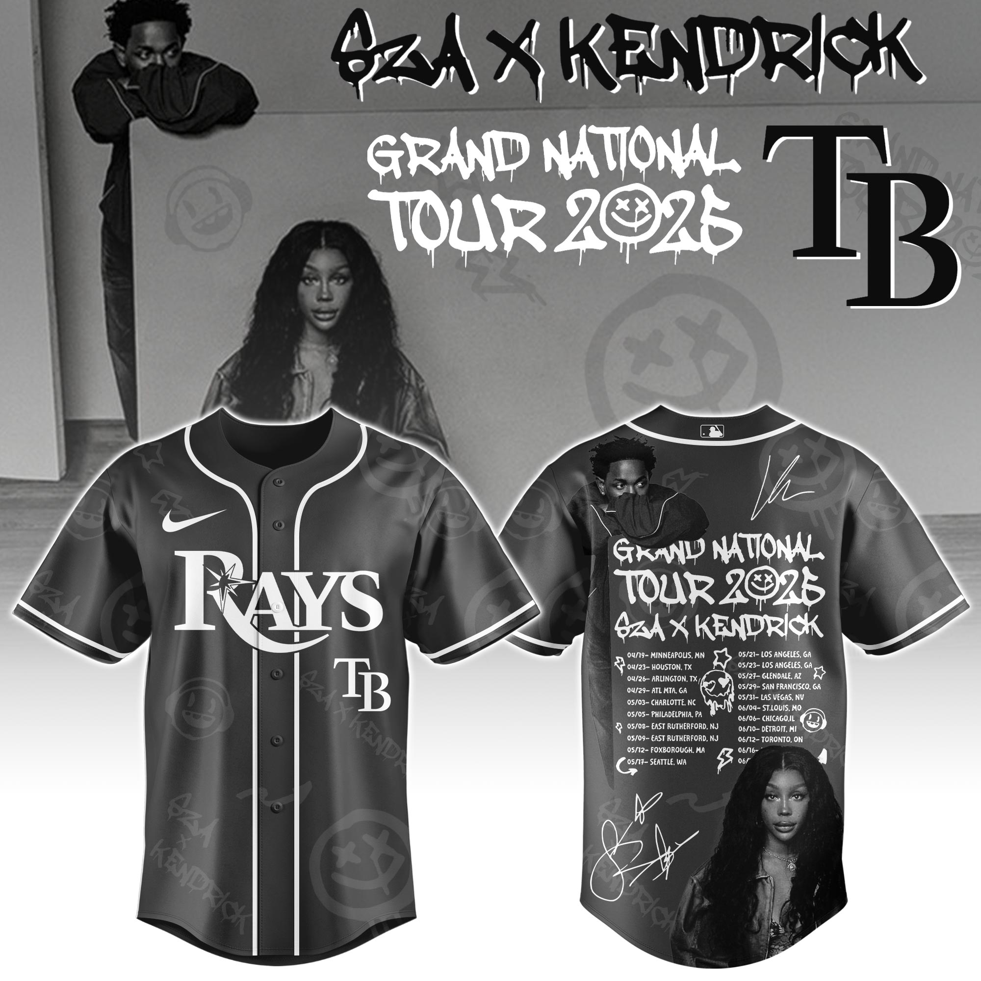 Tampa Bay Rays MLB x Kendrick Lamar x SZA Grand National Tour Personalized Baseball Jersey For Fans