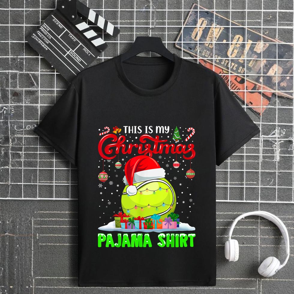 Tennis Ball Santa Hat Christmas Lights Funny Sport Xmas T-Shirt