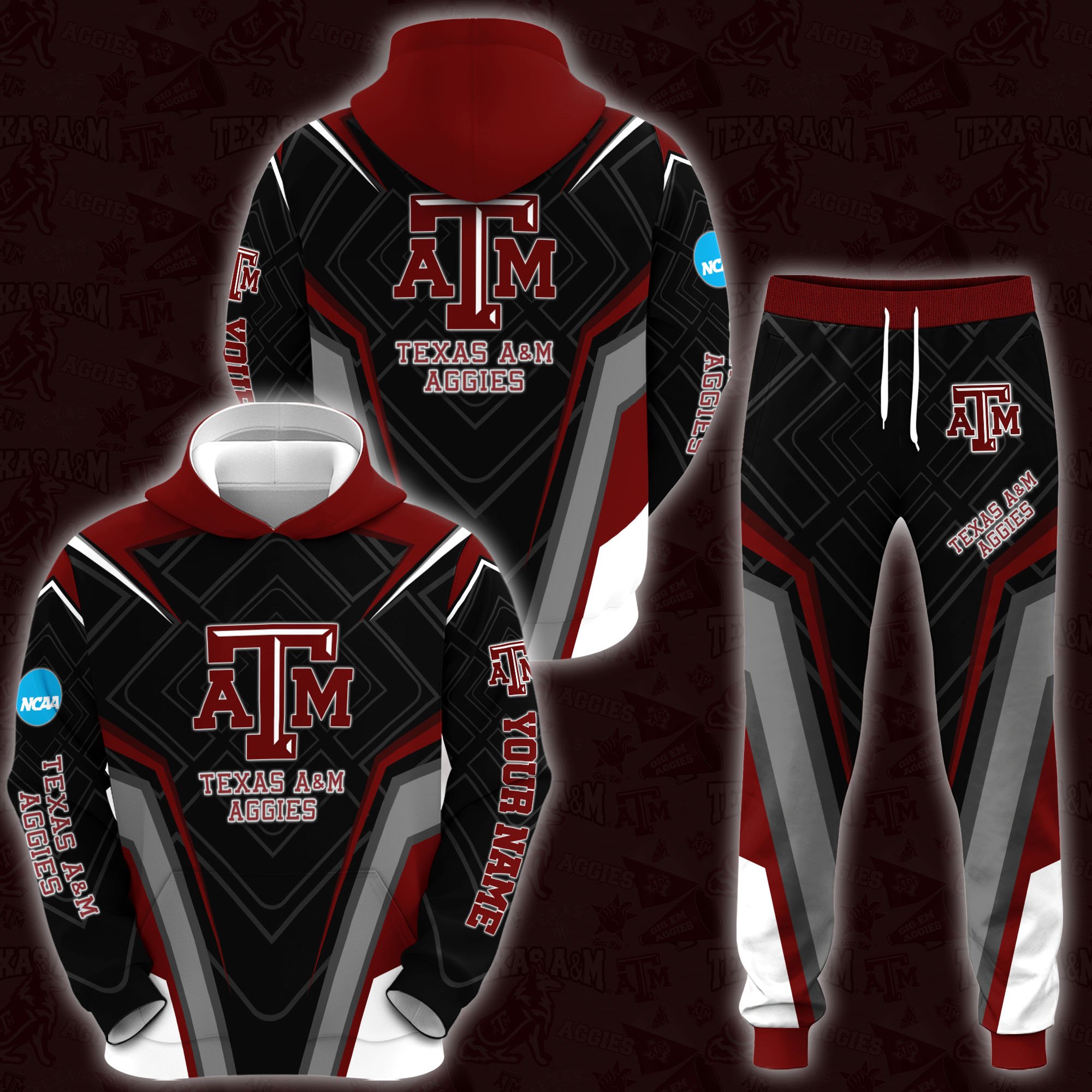 Texas A&M Aggies Hoodie Joggers Set Custom Your name, Sport Zip Up Hoodie Joggers Set, Sport Gifts For Fan, Texas A&M Aggies Hoodie VA13 Gift For Sport Music Fans