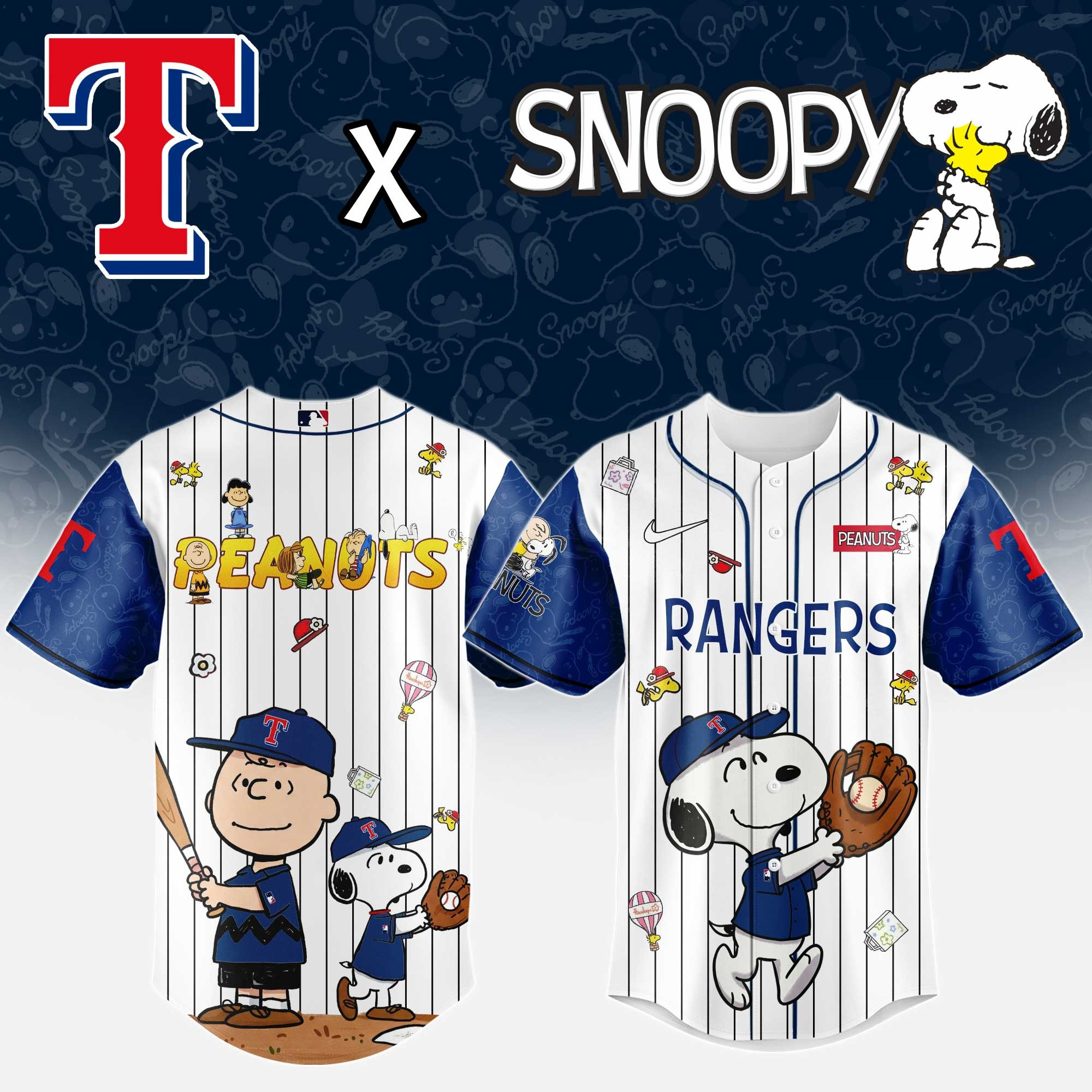 Texas Rangers MLB 75Th Anniversary Of Peanuts Snoopy Jersey Baseball Fan Merch Gifts