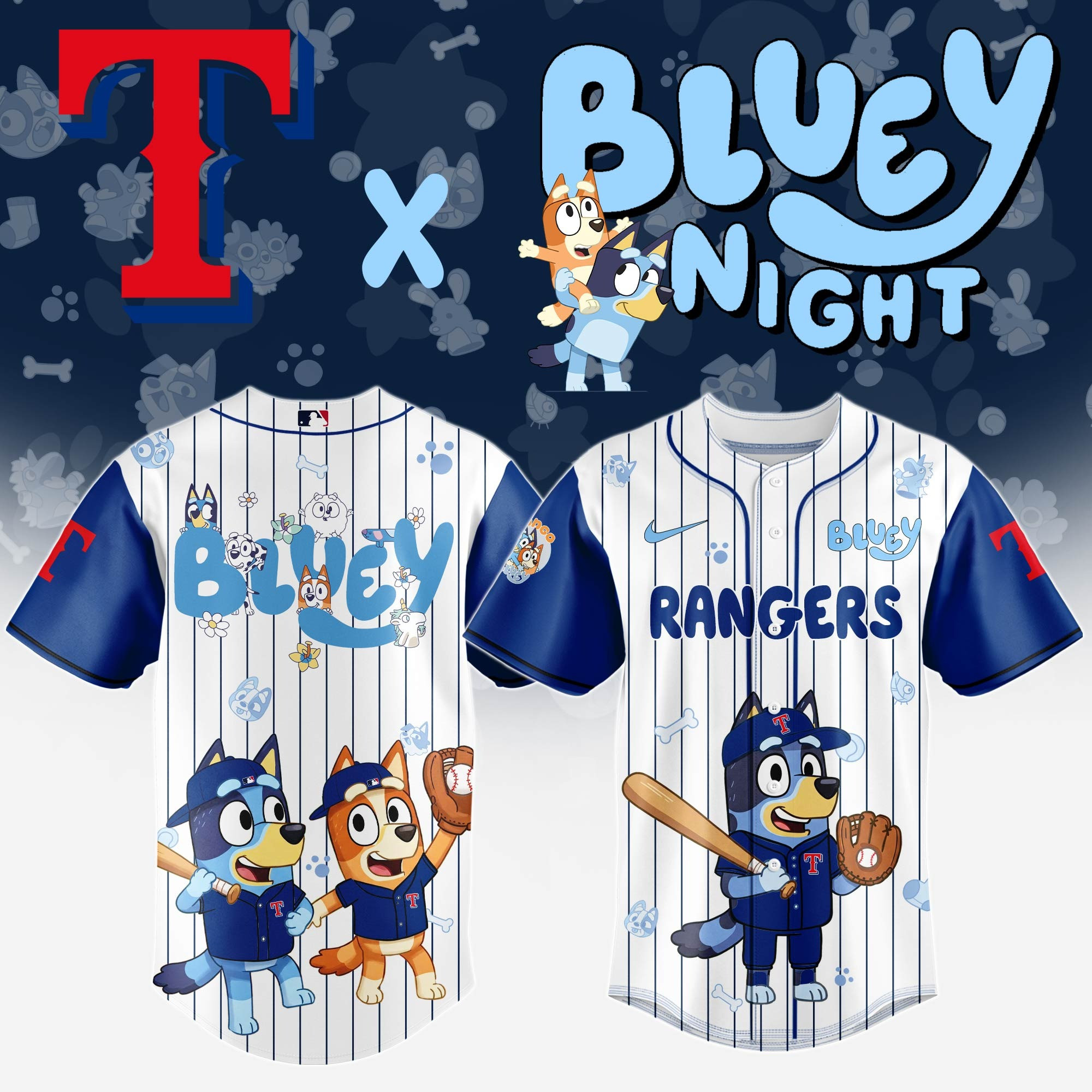 Texas Rangers MLB x Bluey And Bingo Jersey MLB Baseball Fan Cute Gifts For Bluey Loves