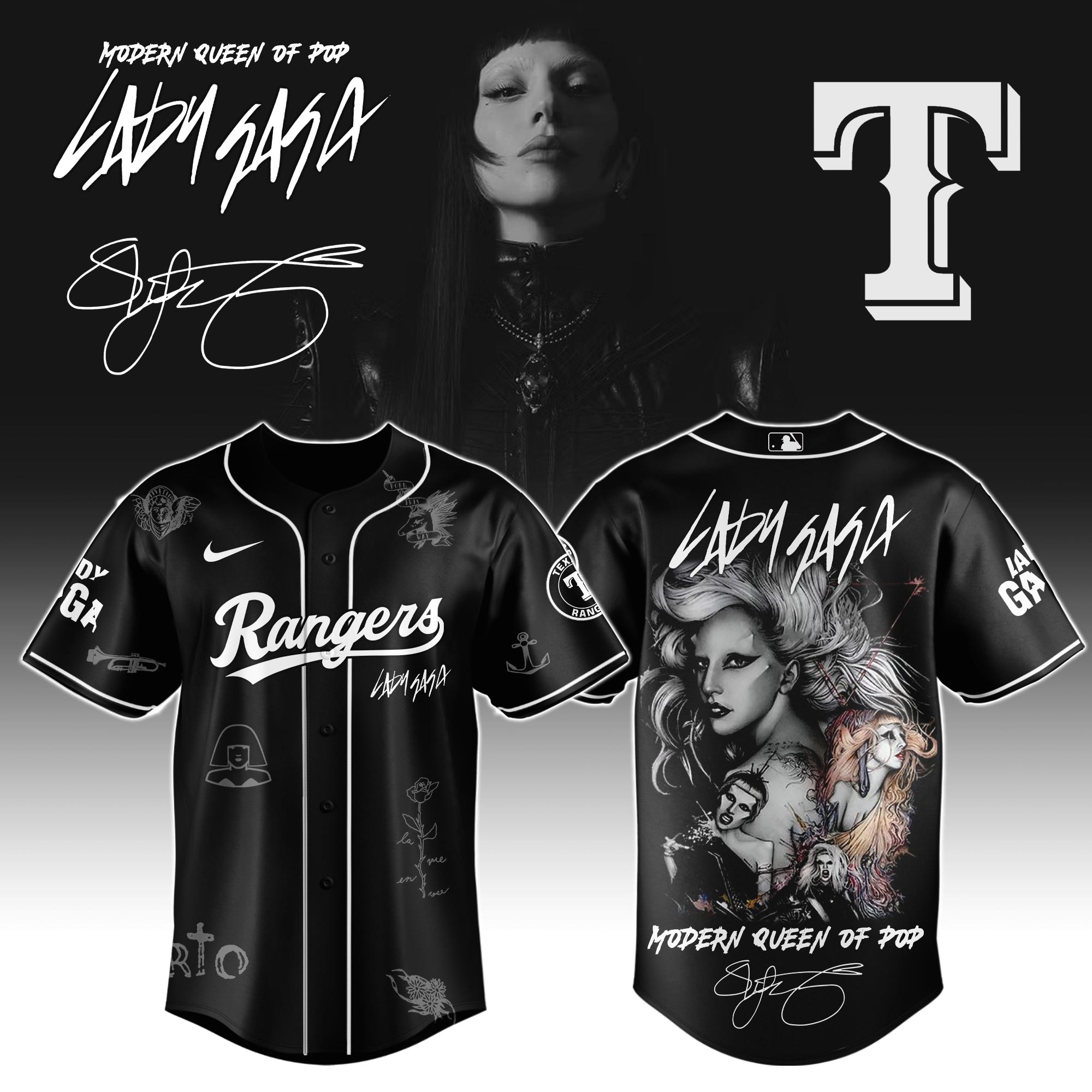 Texas Rangers MLB x Lady Gaga The Mayhem Ball Tour Personalized Baseball Jersey For Fans