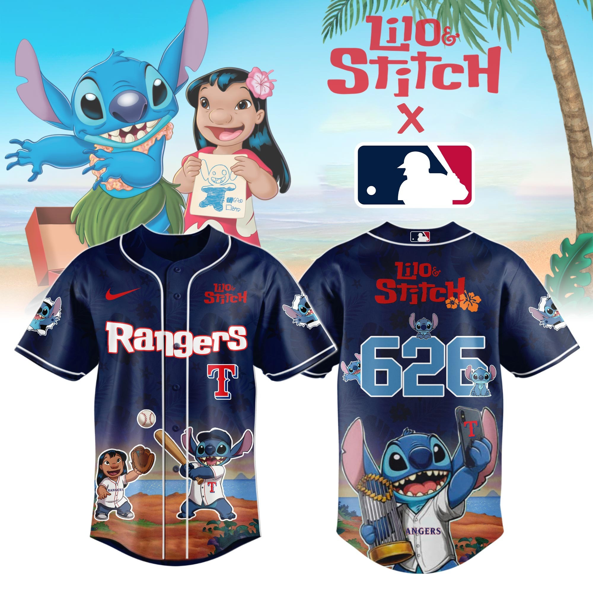Texas Rangers X Lilo Stitch Jersey MLB Gifts For Baseball Lovers Fans Merch