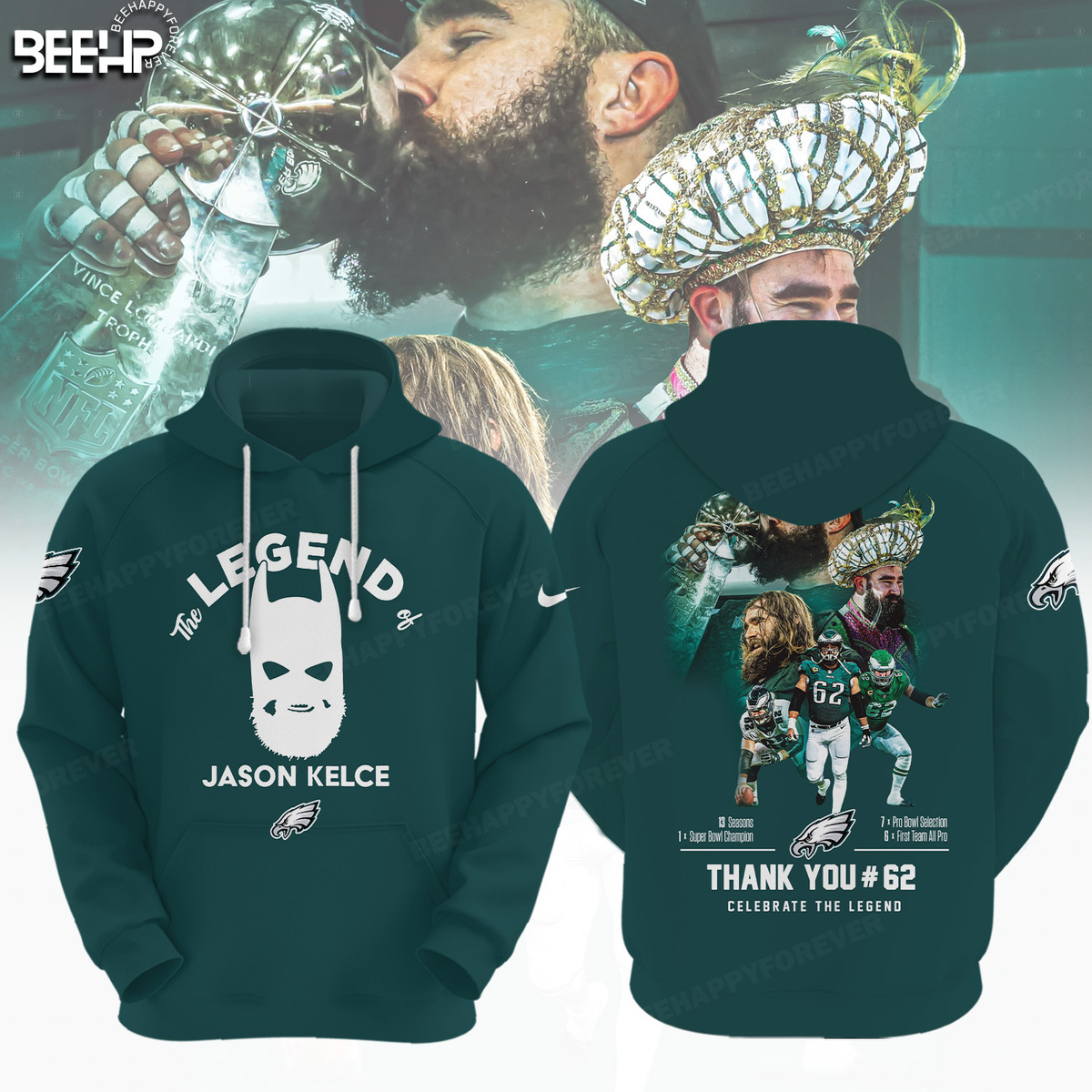 The Legend Jason Kelce 62 Philadelphia Eagles Midnight Green Hoodie