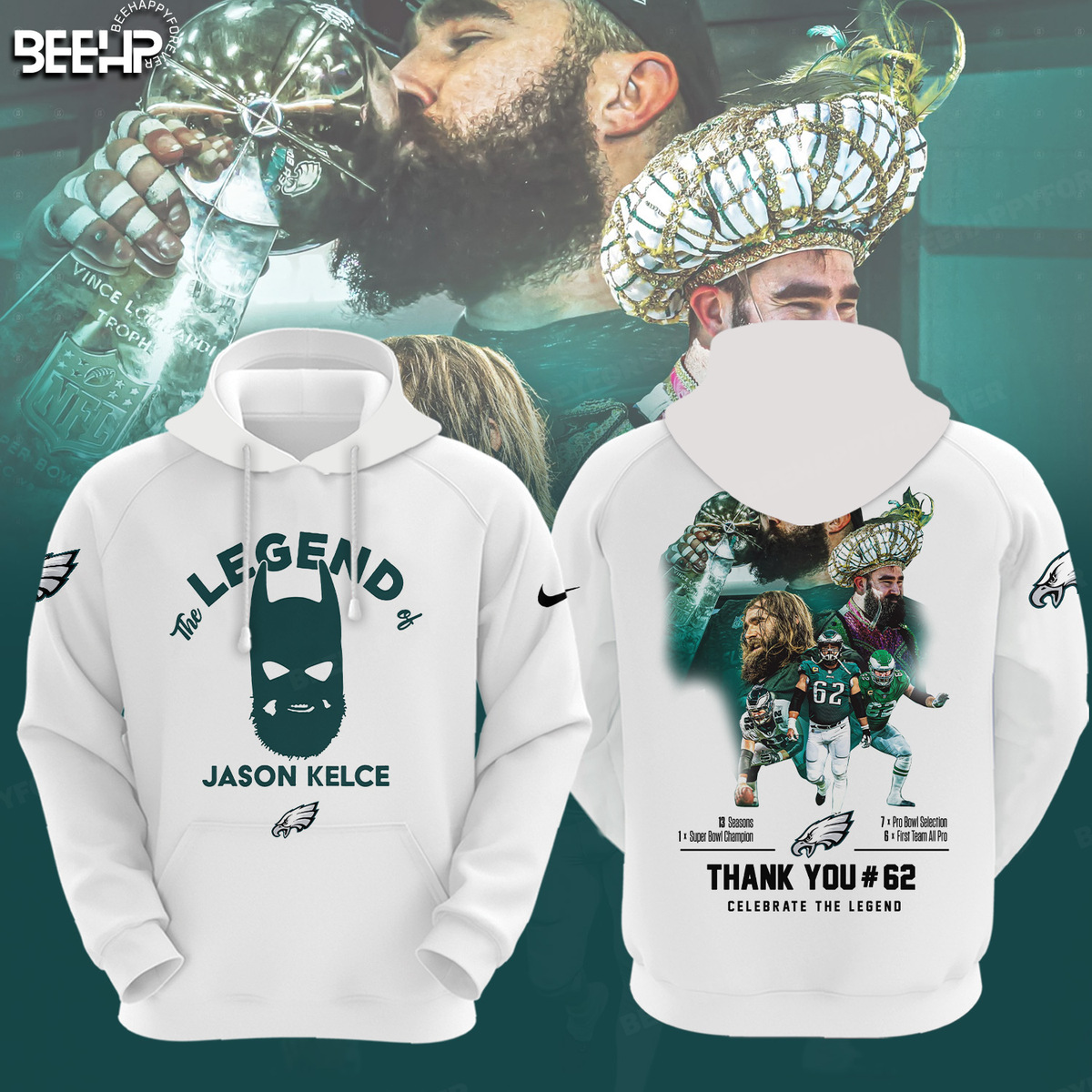 The Legend Jason Kelce 62 Philadelphia Eagles White Hoodie