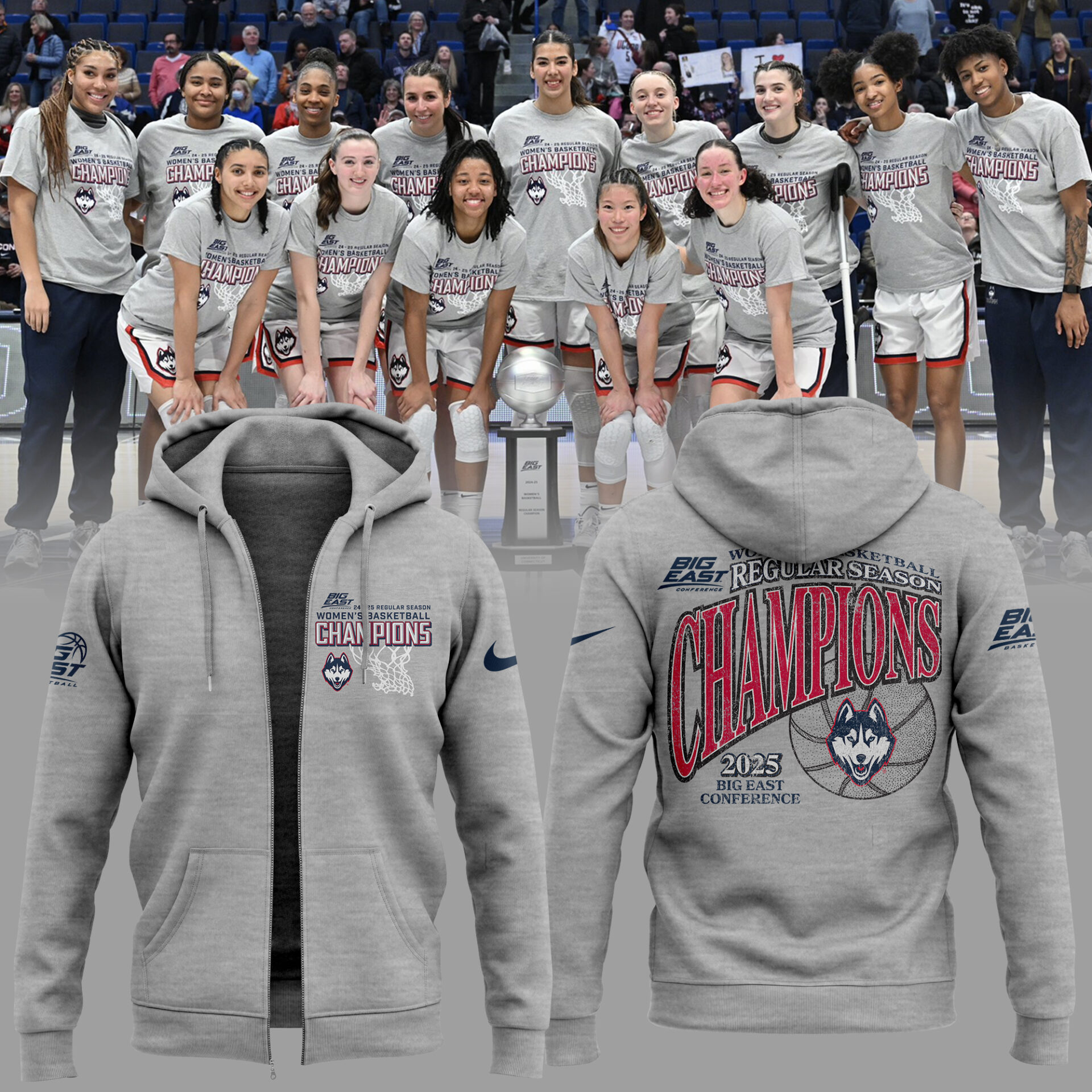 Uconn Womens Basketball 2025 Big East Champions Zip Hoodie Great Gifts For Basketball Players - Sport Grey, M