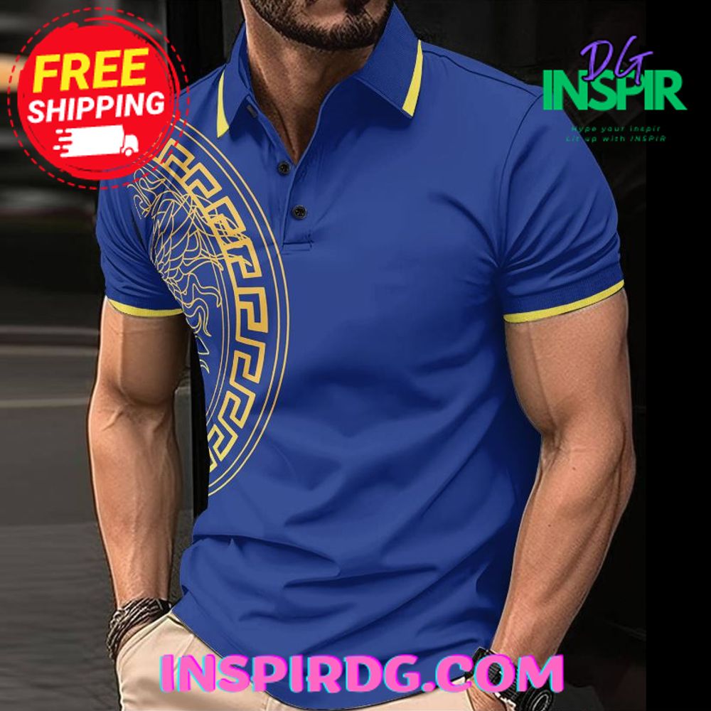 Versace Luxury Italian Blue & Gold Polo Shirt