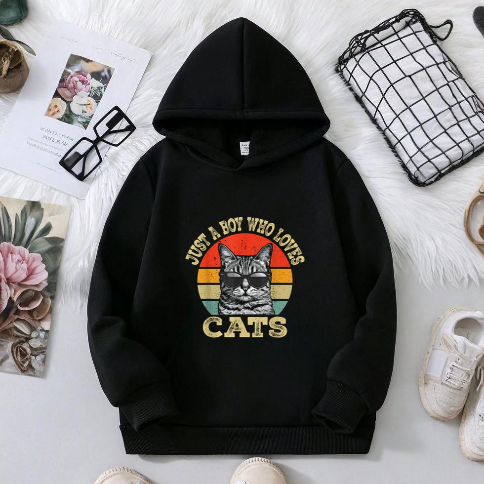 Vintage Just A Boy Who Loves Cats Boy Kid Cat Lover For Boys Hoodie