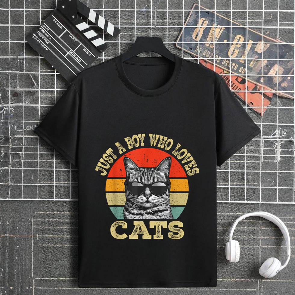 Vintage Just A Boy Who Loves Cats Boy Kid Cat Lover For Boys T-Shirt