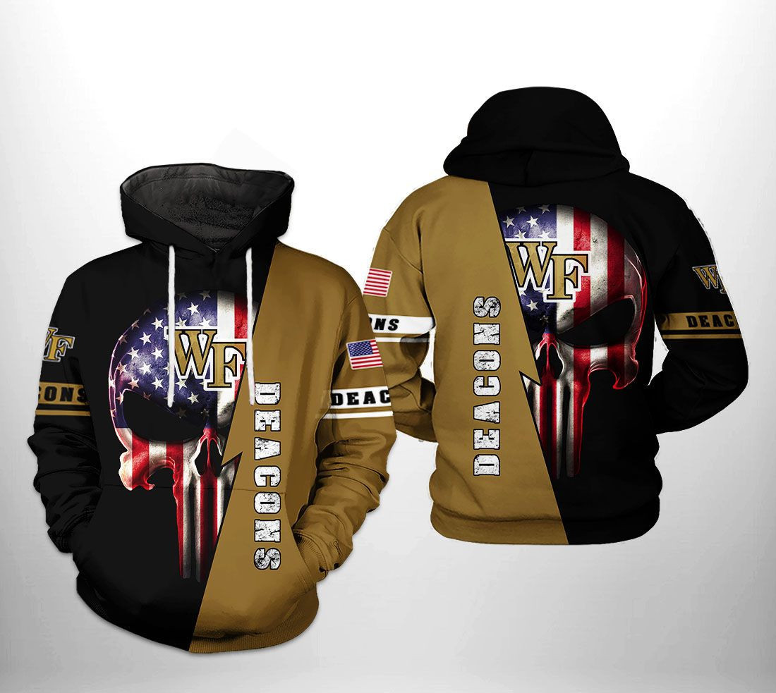 Wake Forest Demon Deacons NCAA US Flag Skull Hoodie  Zip Hoodie