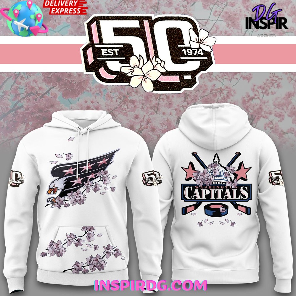 Washington Capitals 50th Anniversary Cherry Blossom White Hoodie Gift For Sport Music Fans