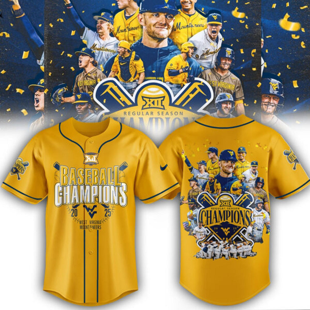West Virginia Mountaineers Baseball Big 12 Champions 2025 Baseball Jersey Gold Shirt For Sport Lovers