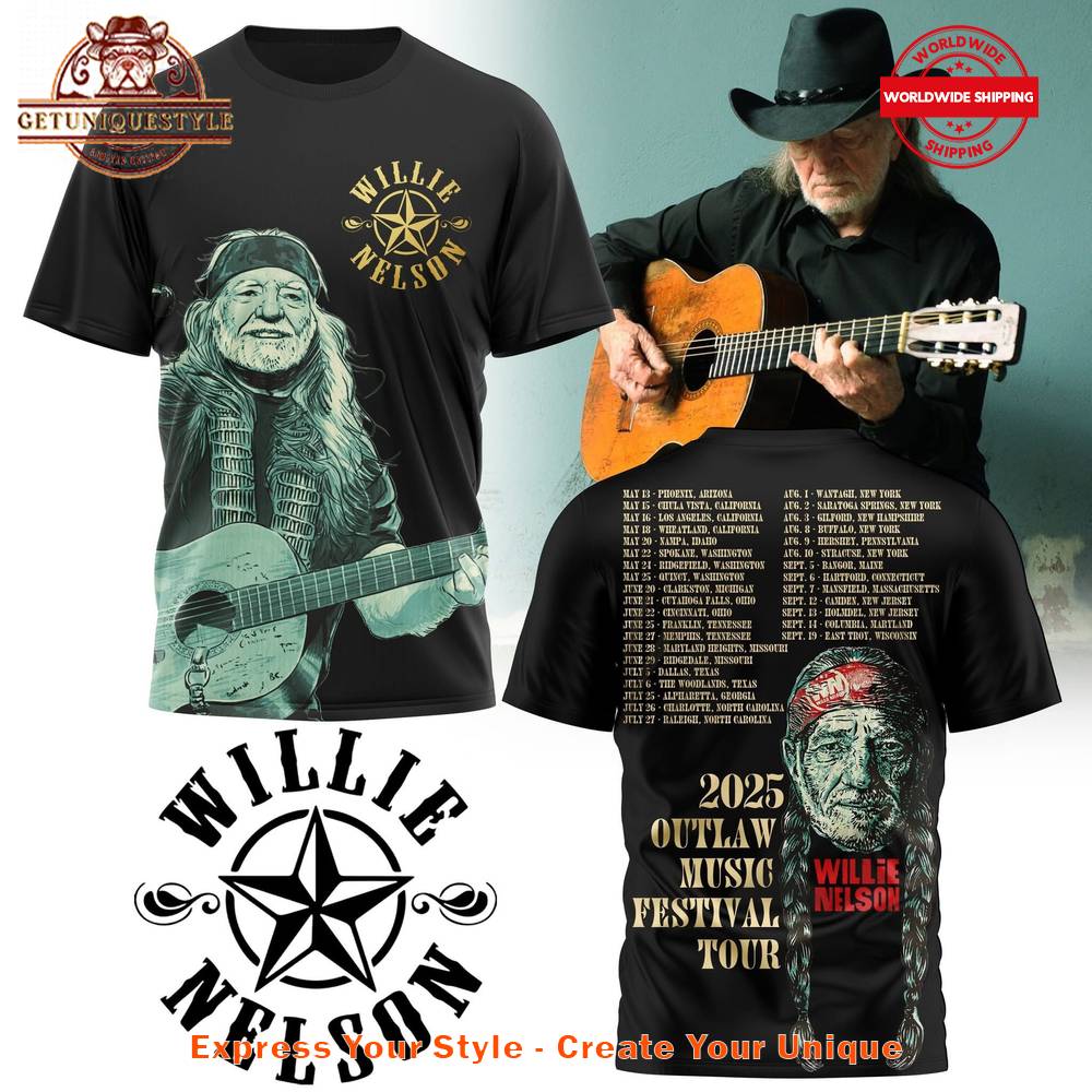 Willie Nelson 2025 Outlaw Music Schedule List Black Shirt