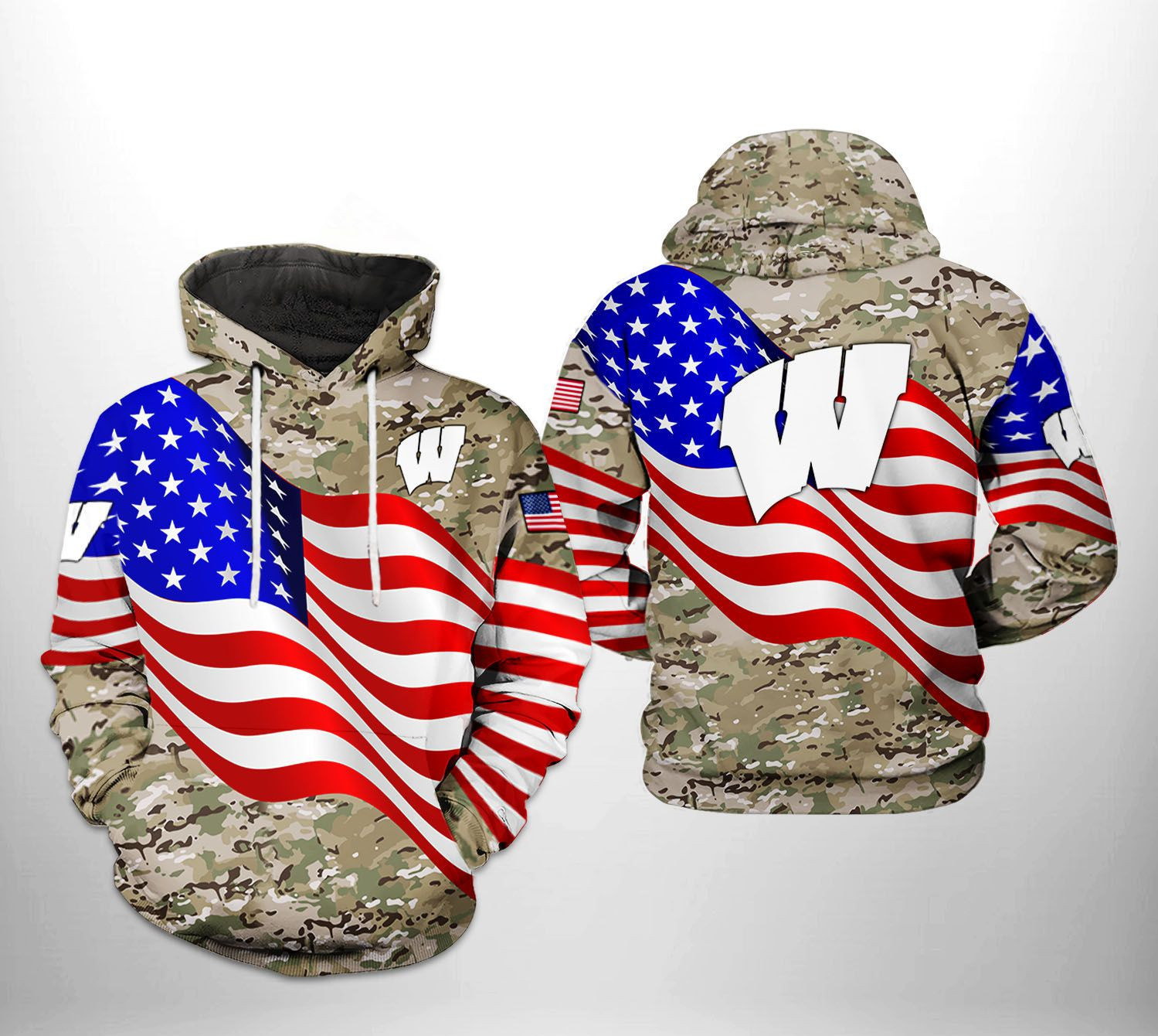 Wisconsin Badgers NCAA US Flag Camo Veteran Hoodie  Zip Hoodie