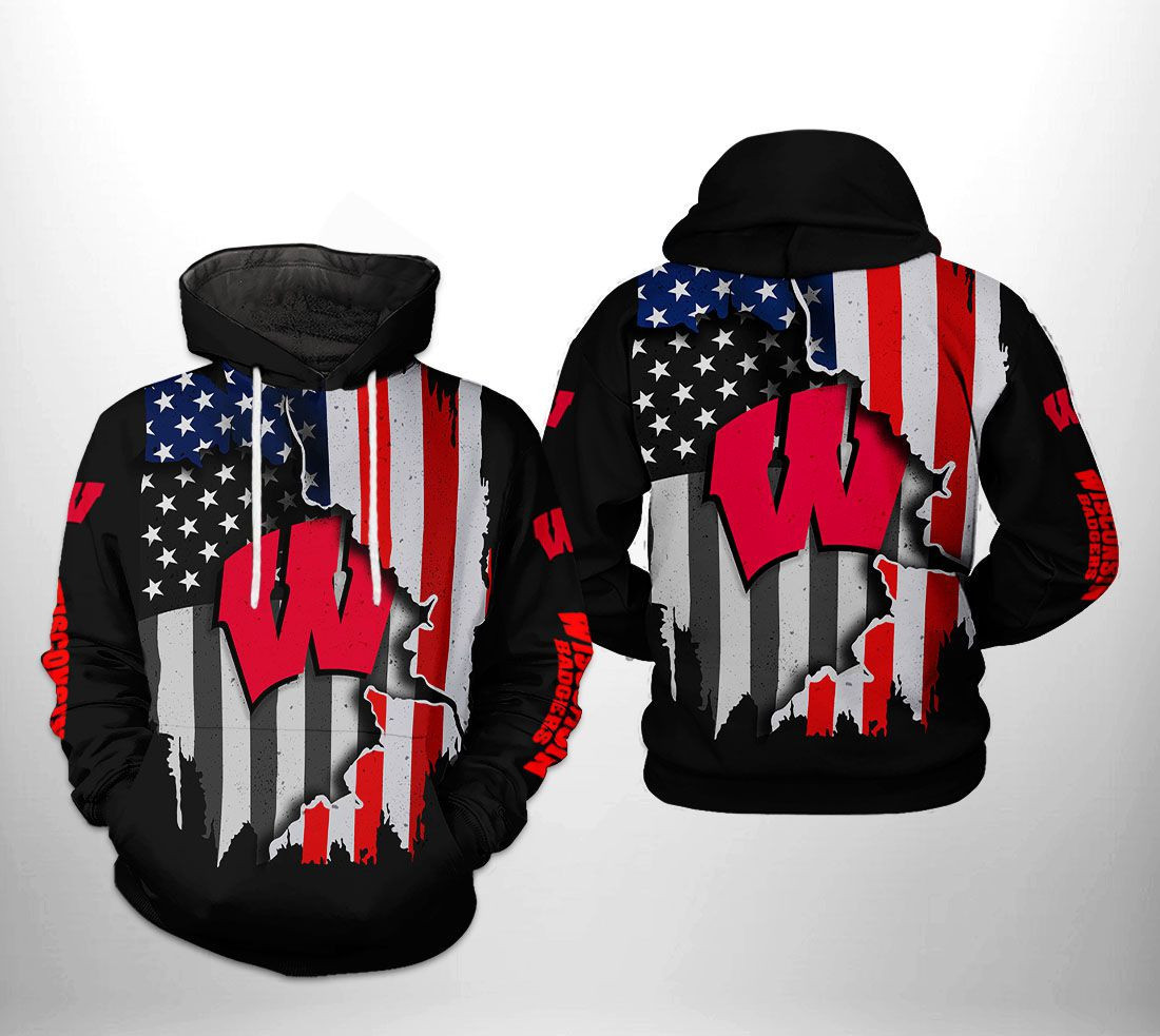 Wisconsin Badgers NCAA US Flag Hoodie  Zip Hoodie Version 403