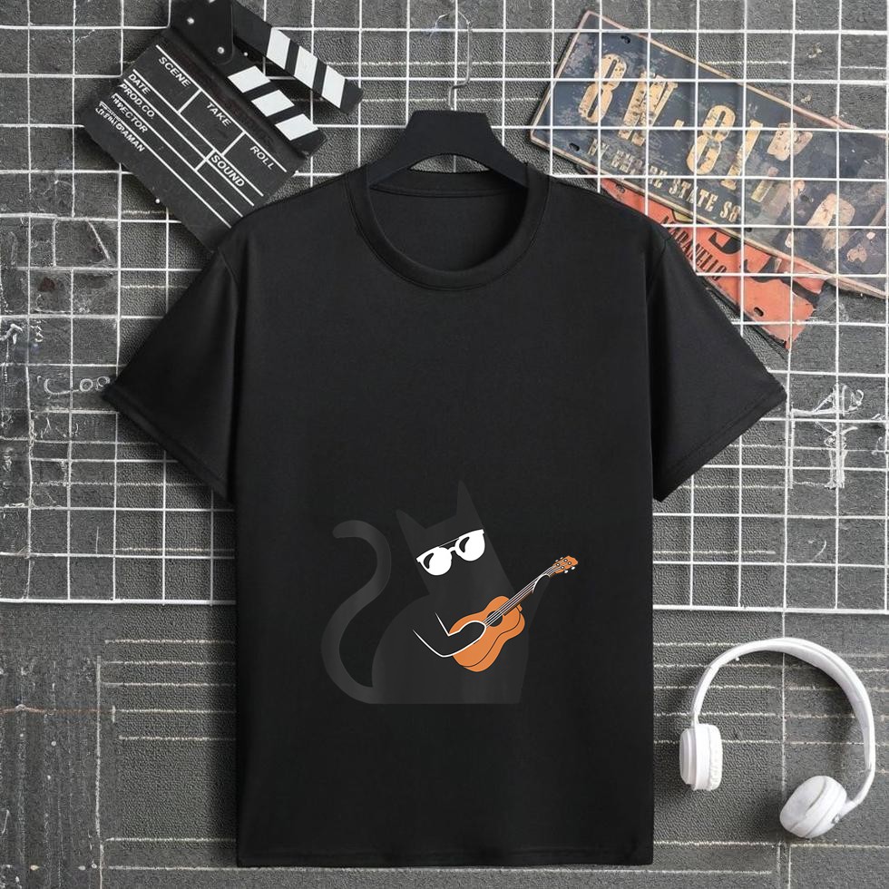 Womens Funny cat with ukulele and sunglasses T-Shirt