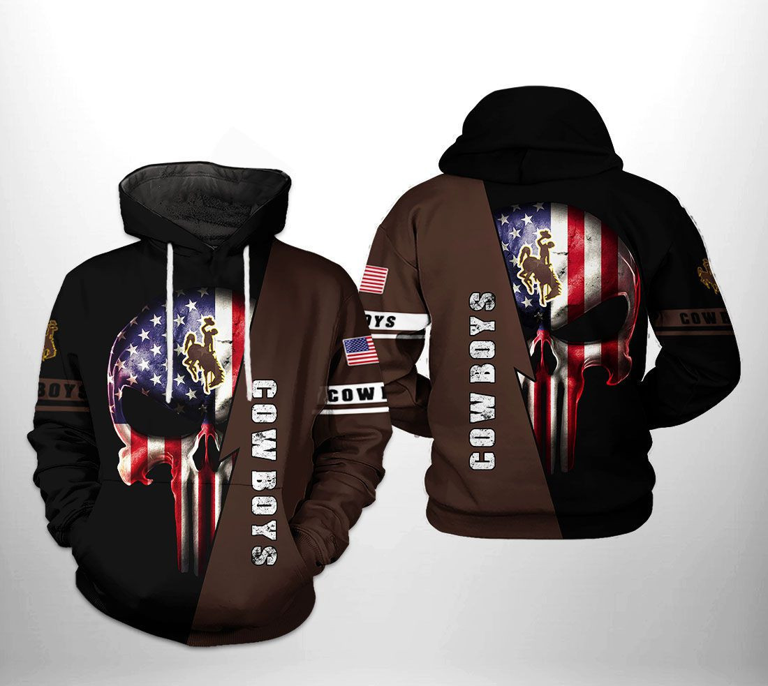 Wyoming Cowboys NCAA US Flag Skull Hoodie Zip Hoodie